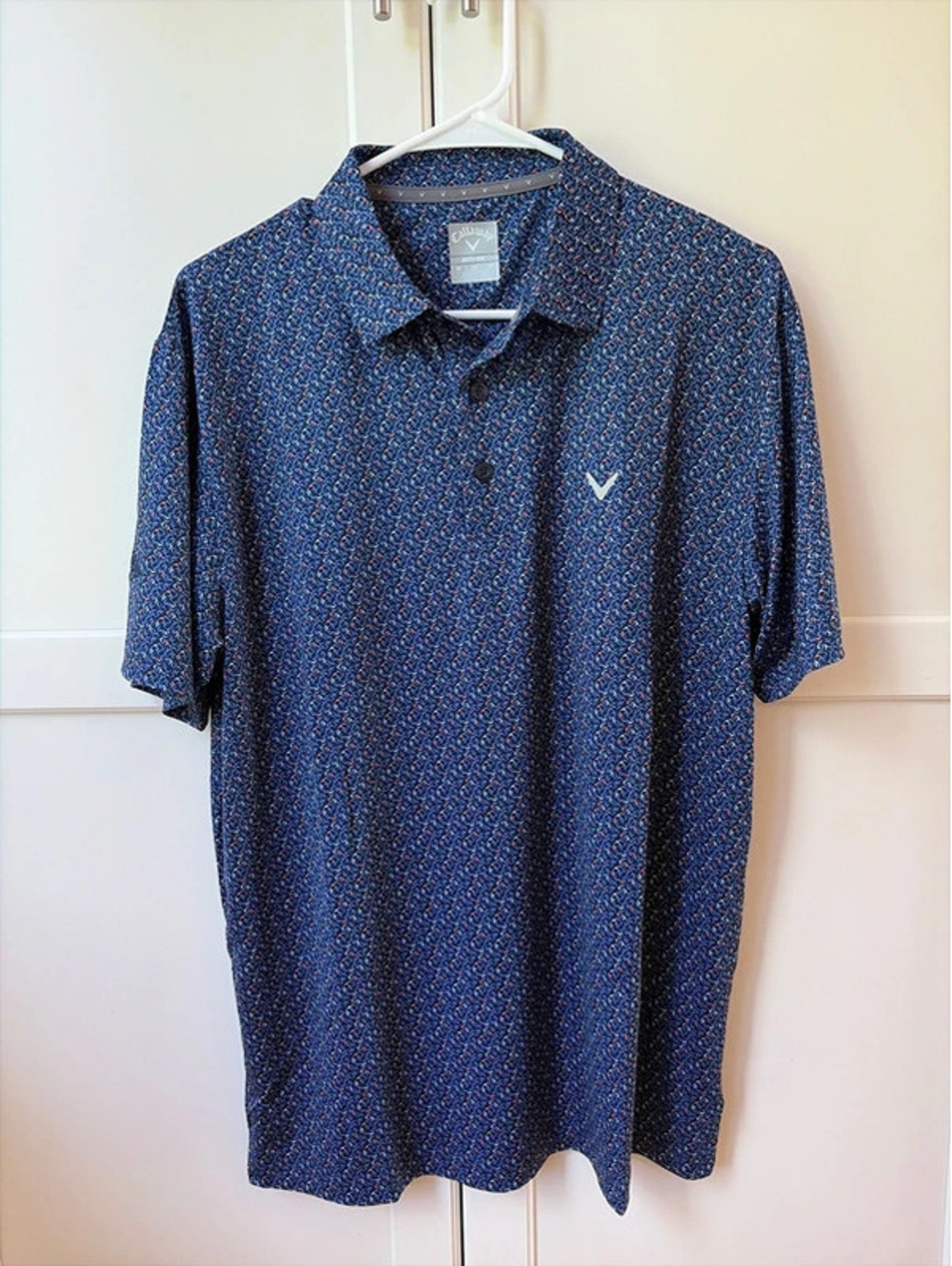 Callaway Men’s Medium Golf Polo Navy Blue Orange Geometric Print